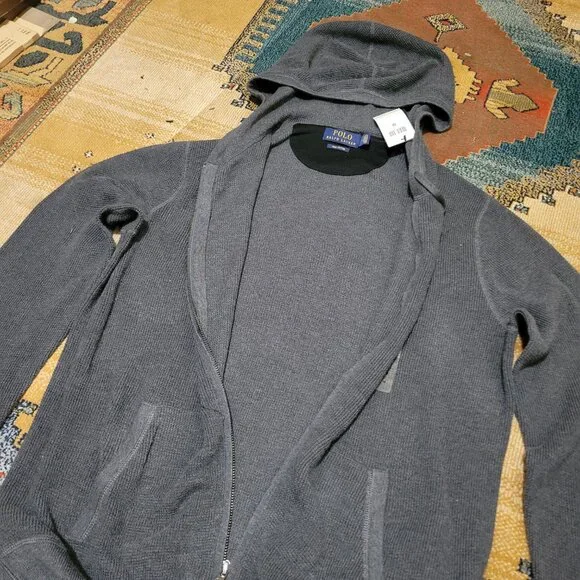 Polo Ralph Lauren Waffle Knit Full Zip Hoodie Lightweight Jacket Dark Grey Pima - Picture 8 of 11